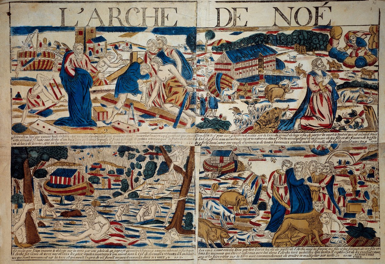 The Ark of Noe Konstruksjonen av arken, Noe mottar kunngjøringen om syndfloden, syndfloden, dyrearten som ble reddet etter syndfloden"" Gravering av privatsamlingen fra 1700-tallet av Unknown artist