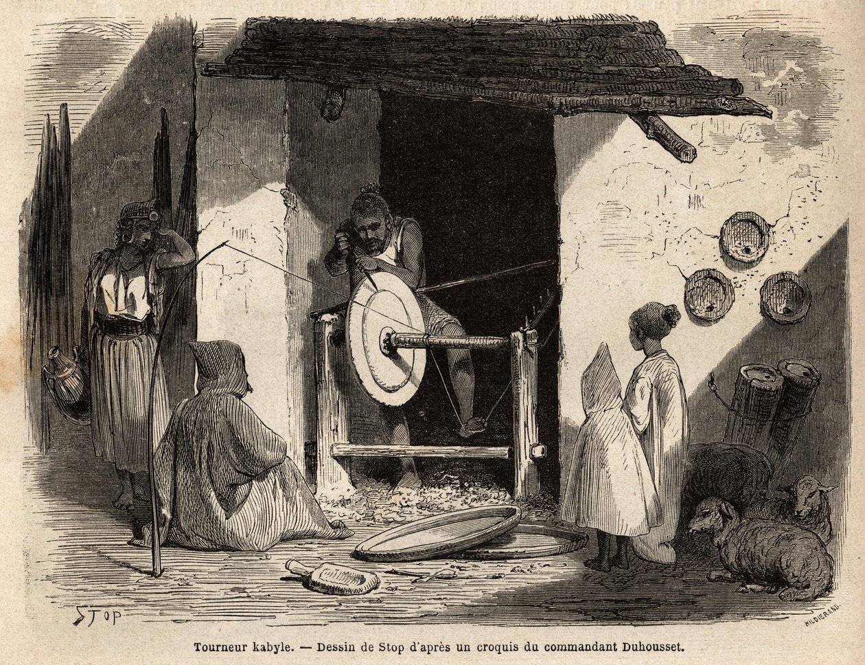 Artisan Turner Kabyle i verkstedet sitt lager en enorm treleilighet som brukes til alle formål, husholdning og landbruk, i Kabylia (Algeria). Gravering for å illustrere ekskursjonen til den store Kabilie, mellom Middelhavet og Djurjura, i 186 av Unknown artist