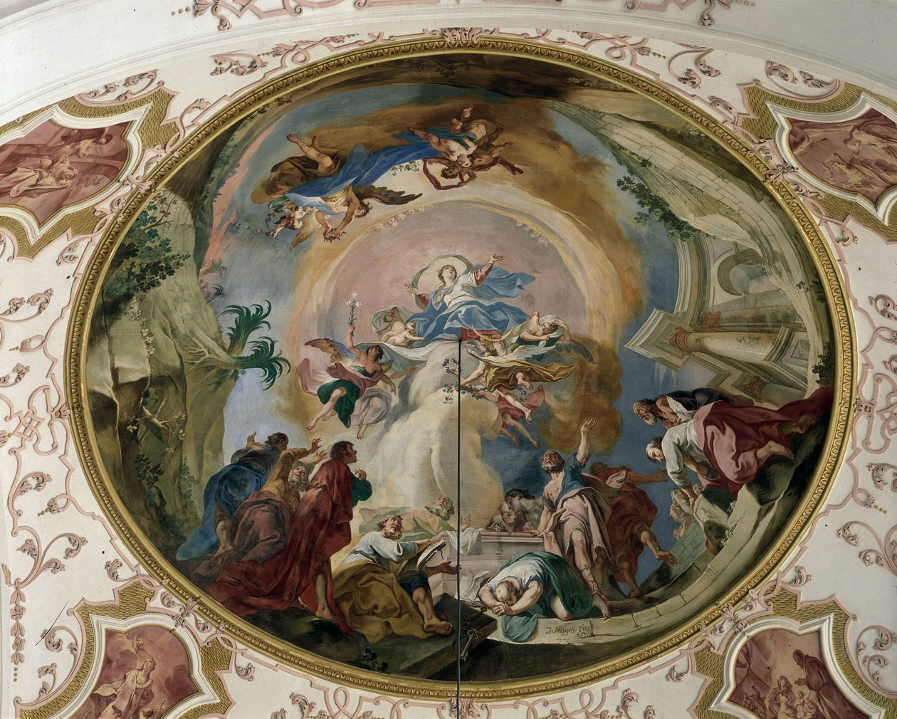 Jomfruens antagelse. Fresco of the Vault, Abbey Church of Ebersmunster, Alsace. av Unknown artist