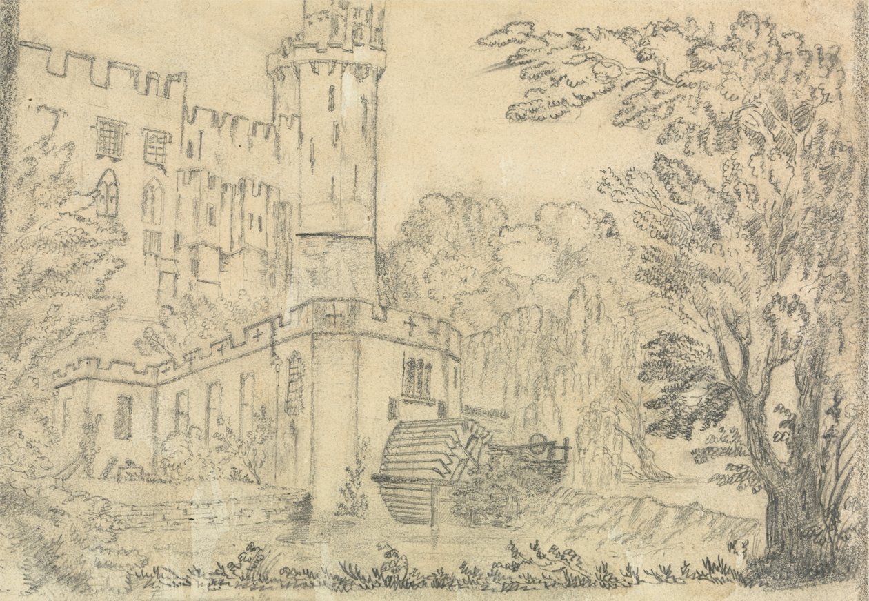 Baksiden av et stort slott med vannhjul i forgrunnen av Unknown artist