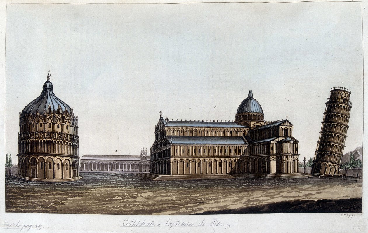 Baptisteren, kuppelen og tårnet i Pisa, Italia. av Unknown artist