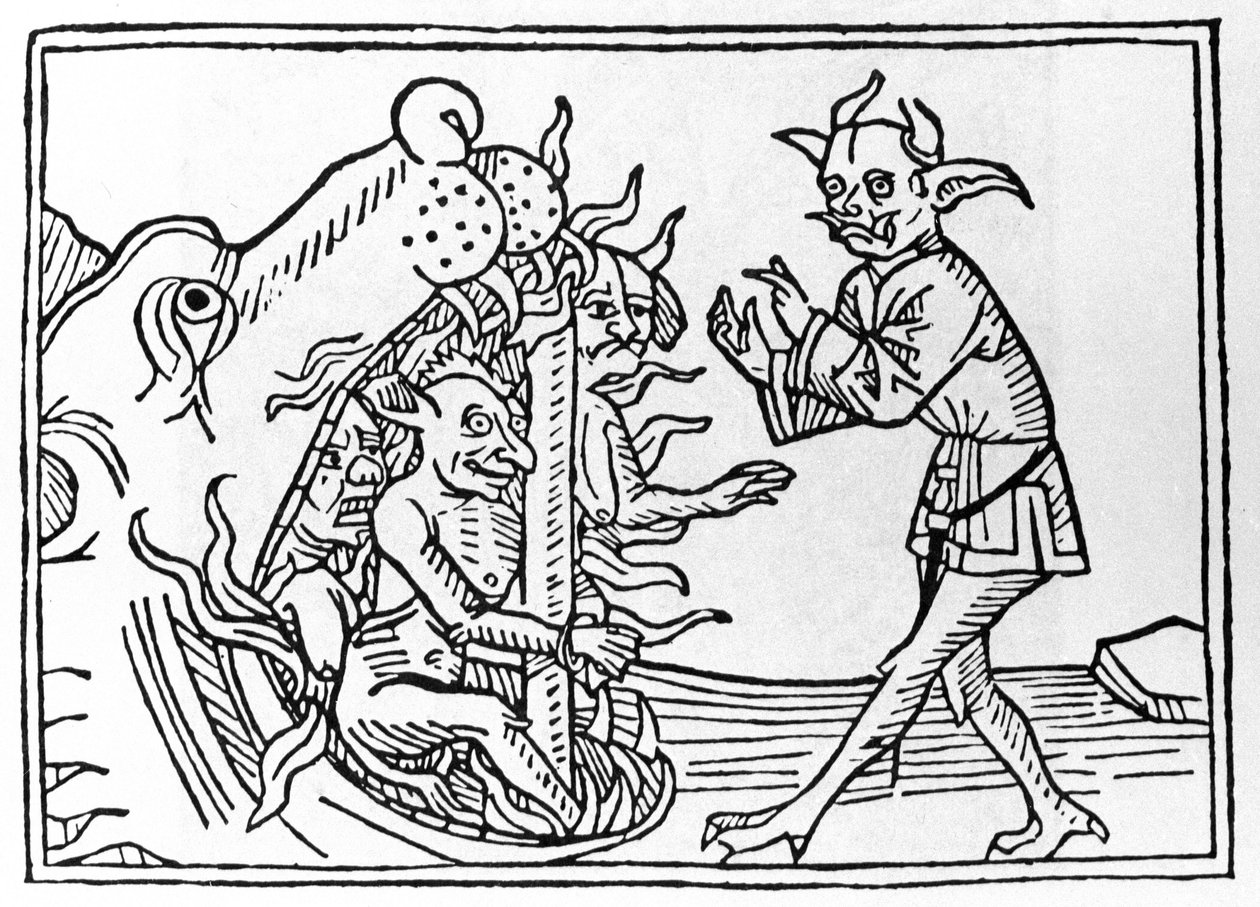 The Belial Proces: “The Belial Demon Returning to the Entrance of the Underworld”” Gravering fra “The Belial Proces” av Jacobus de Teramo (eller Palladino), Ausburg av Unknown artist