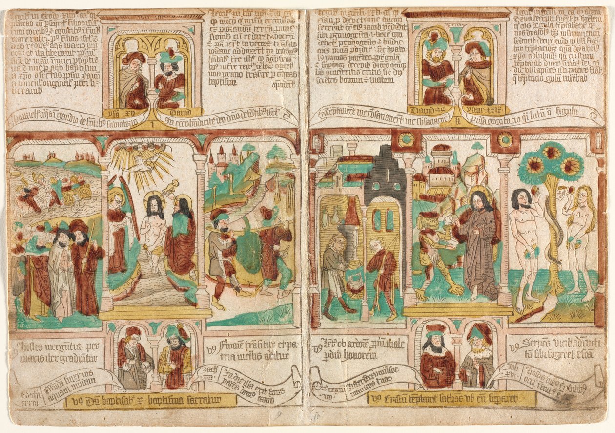 De fattiges bibel (Biblia Pauperum), Faraos hær druknet i Rødehavet; Kristi dåp; og Moses