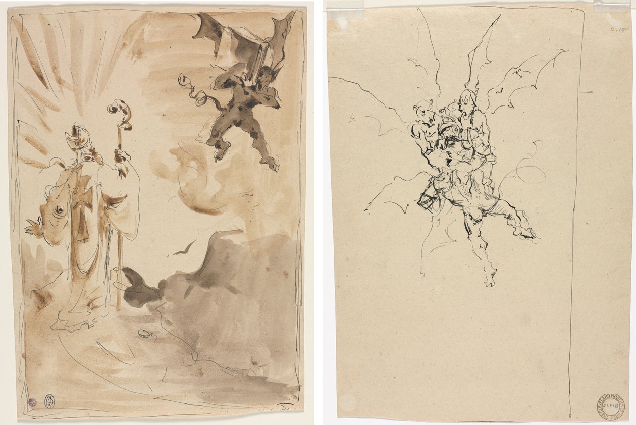 Biskopen og demonen (recto); Tre demoner som holder en ridder (verso) av Unknown artist