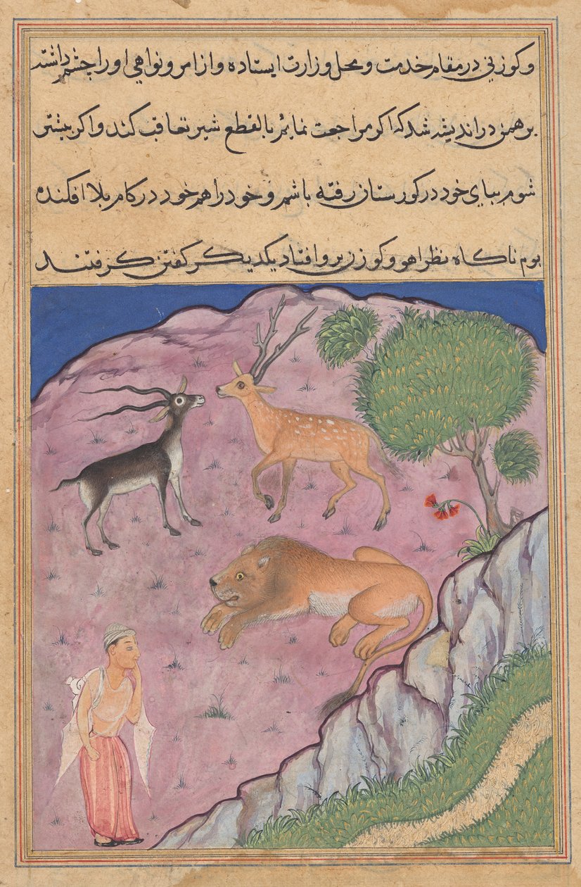 Brahmanen kommer over en løve som har en hjort og en gaselle som vesirer, fra en Tuti-nama (Tales of a Parrot): Twenty-first Night av Unknown artist