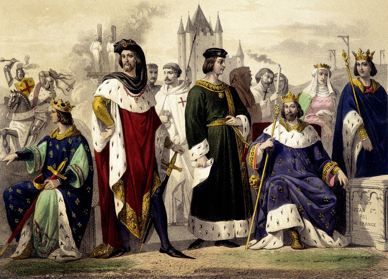 Kapeterne fra 1270 til 1322. Filip III den Hardi, Filip IV Belen, Ludvig X Hutinen, Filip V den lange, Karl IV Belen. Gravering av 1800-tallet. av Unknown artist