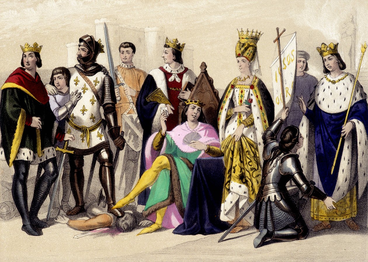 Kapeterne fra Valois fra 1328 til 1422. Filip VI, Johannes II, Karl VI, Isabeau (Isabella, Elizabeth) av Bayern, Jeanne d’Arc, Karl VII. Gravering av 1800-tallet. av Unknown artist