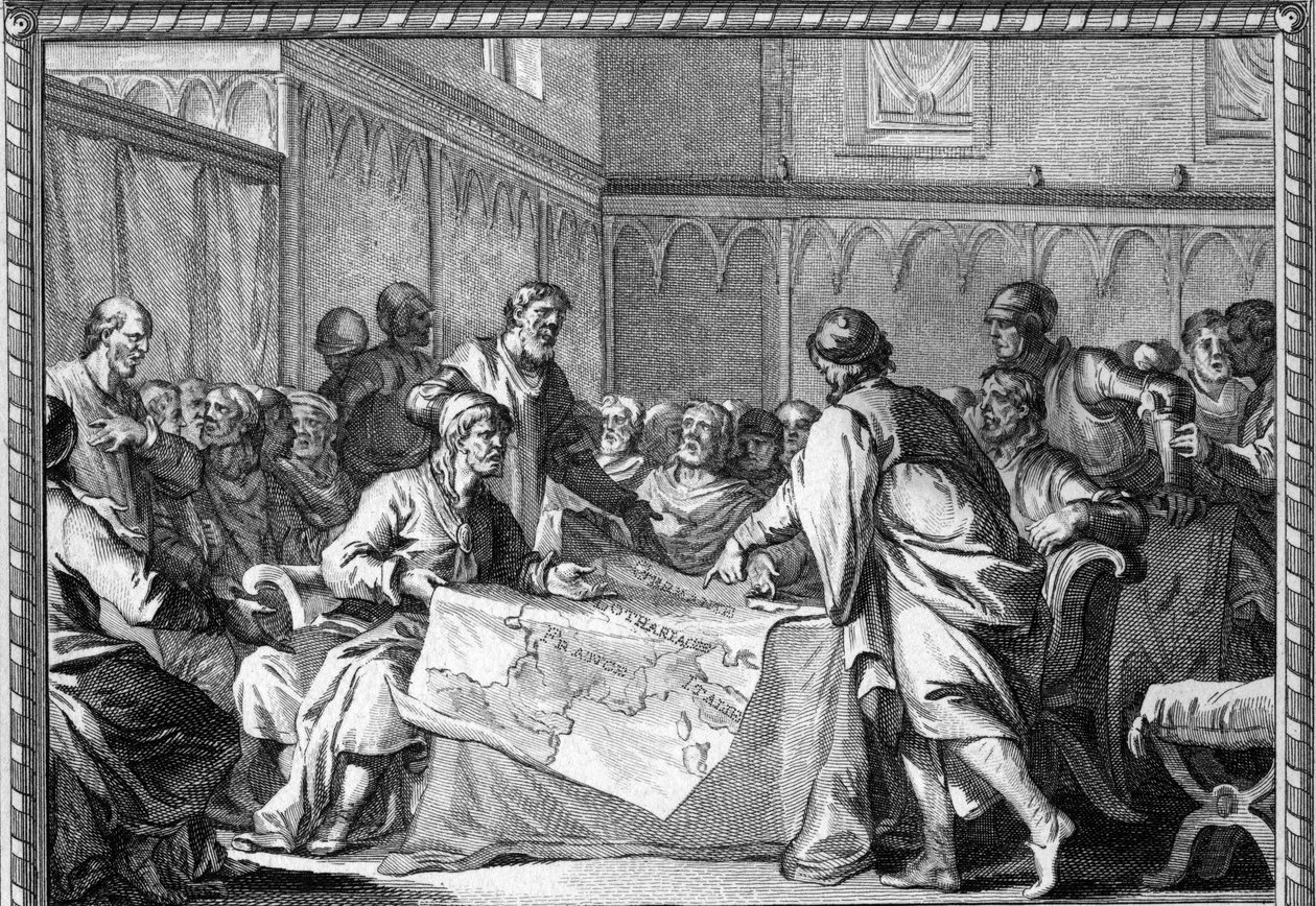 The Carolingian Empire was divided between the three sons of Louis the Pious: Lothaire I, Louis the Germanic and Charles the Bald, according to the Treaty of Verdun (843). Engraving of the 18th century. av Unknown artist