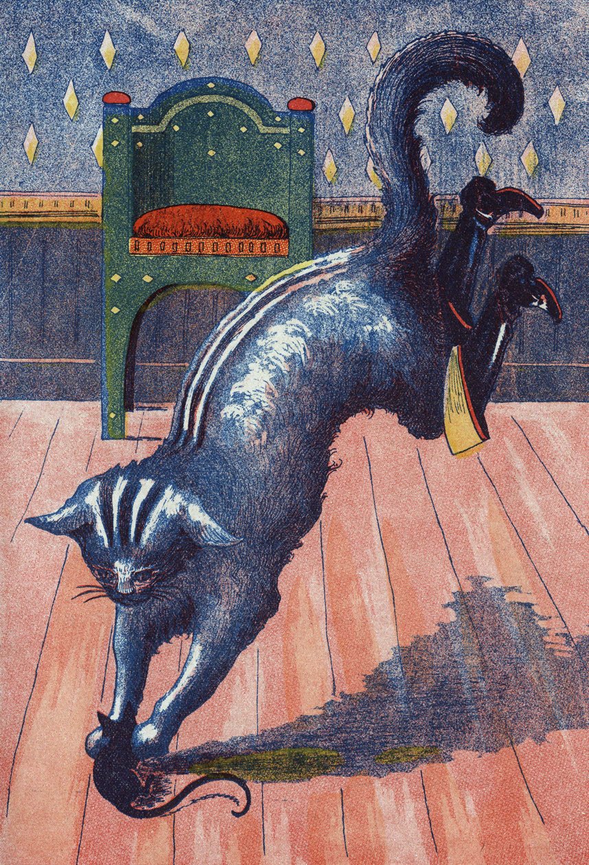 The Cat throws on the ogre changes into a mouse. Illustration for “” Le chat Botte””, tale by Charles Perrault (1628-1703), French writer. Anonymous illustration. Imagery Marcel Vagne, Jarville Nancy, undated (late 19th century). av Unknown artist