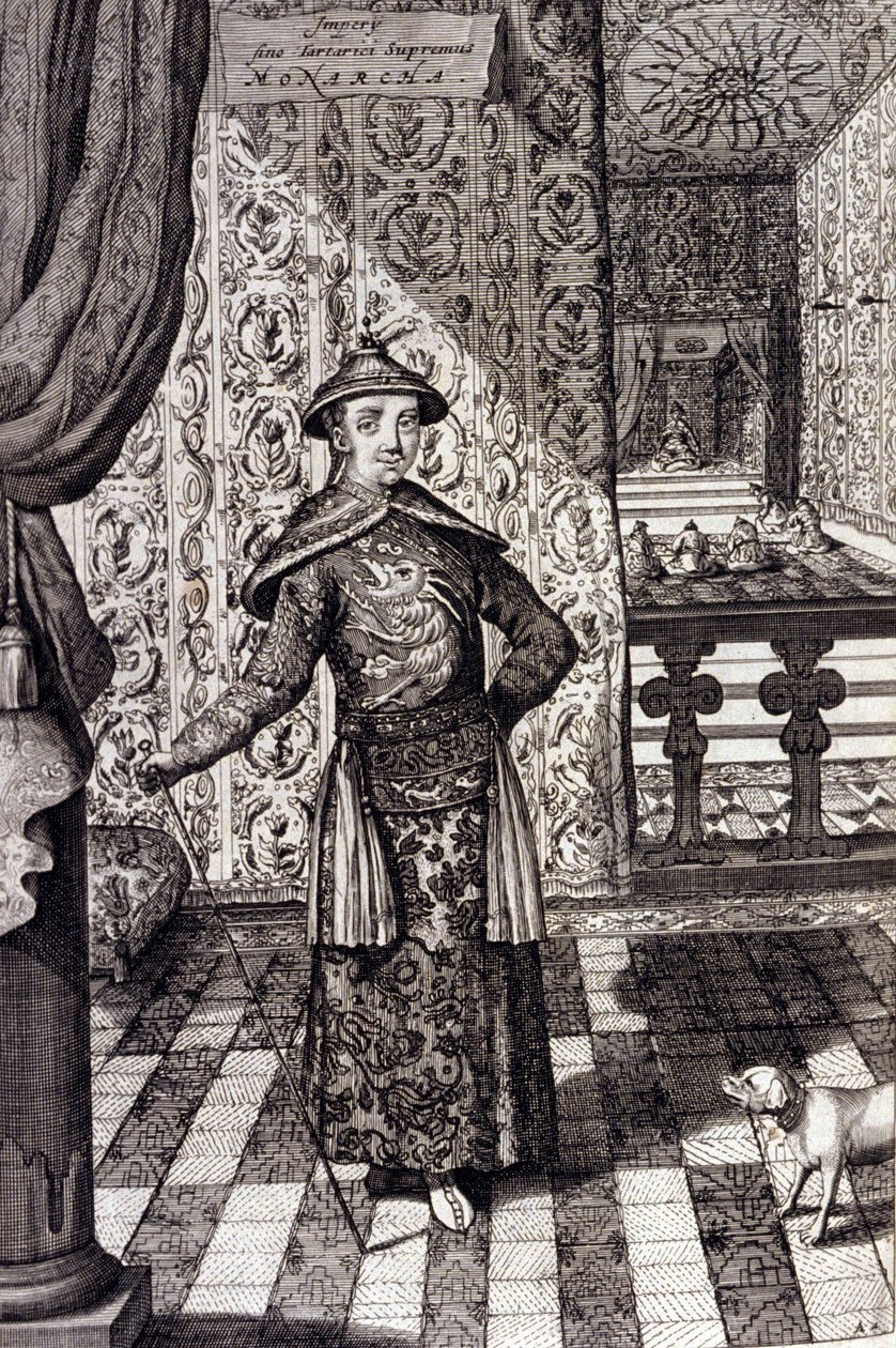 Den kinesiske keiseren og øverste hersker over tartarene - Kinesisk keiser Kangxi (1652-1722) Qing-dynastiet, gravering av Athanasius Kircher (1601-1680) fra "" China Monumentis, qua sacris qua profanis""" 1667 - Kinesisk keiser (1 av Unknown artist