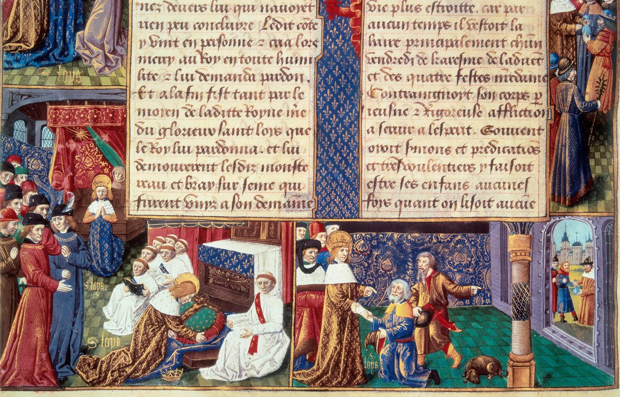 De kristne dydene (som fromhet og hengivenhet) til kong Ludvig IX (1214-1270) (Saint Louis): til venstre omfavner kongen krusifikset, til høyre mottar han det gamle fjellet. Miniatyr fra et manuskript "The Book of Facts Monsignor Saint Louis"" 15t av Unknown artist