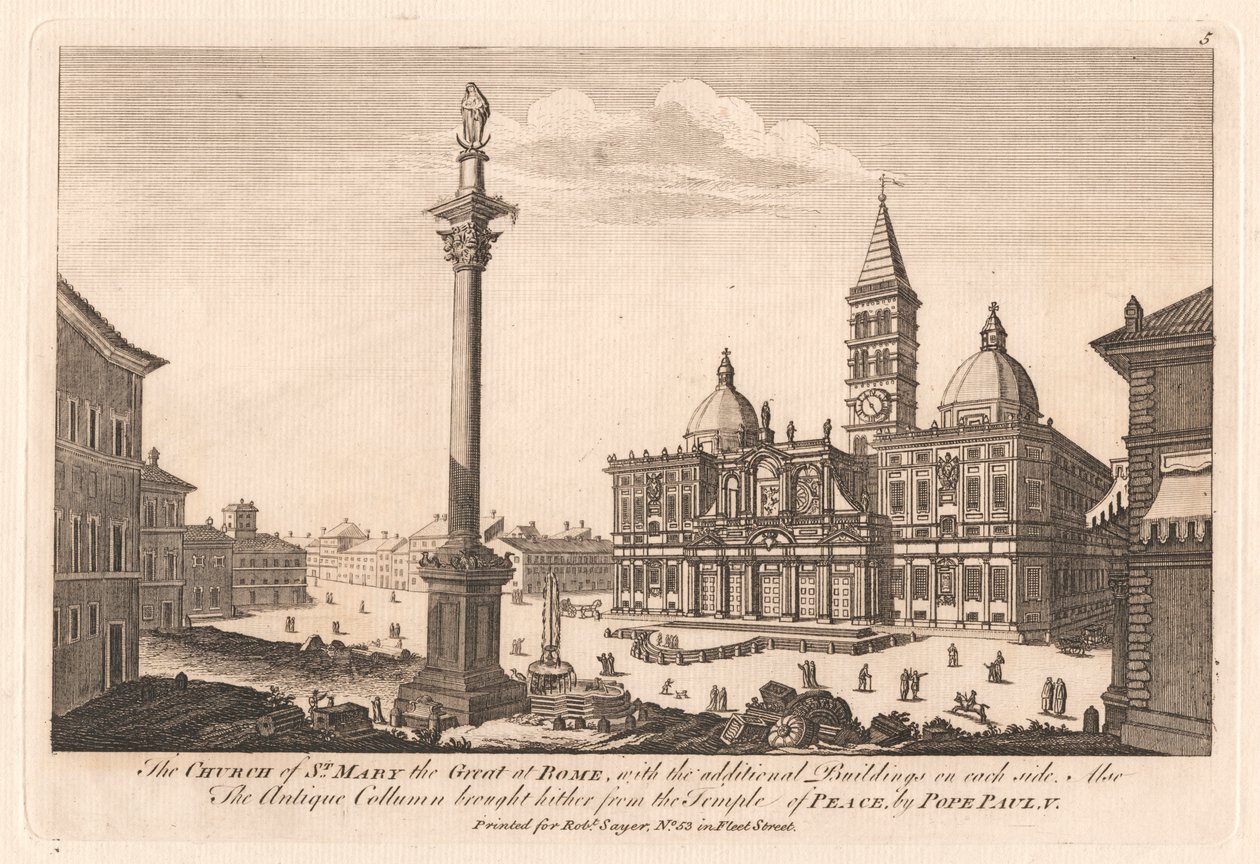 St. Maria den store kirke i Roma, med tilleggsbygningene på hver side; Også den antikke søylen brakt hit fra Fredens tempel, av pave Paul, V av Unknown artist