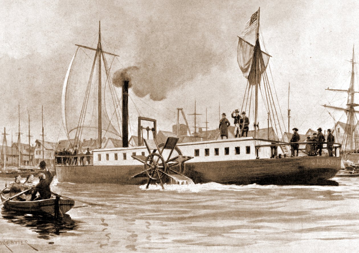 The Clermont, en båt bygget i 1807 av Robert Fulton (1765 - 1815) for å gi forbindelsen New York - Albany på Hudson River. Gravering 1800-tallet. av Unknown artist