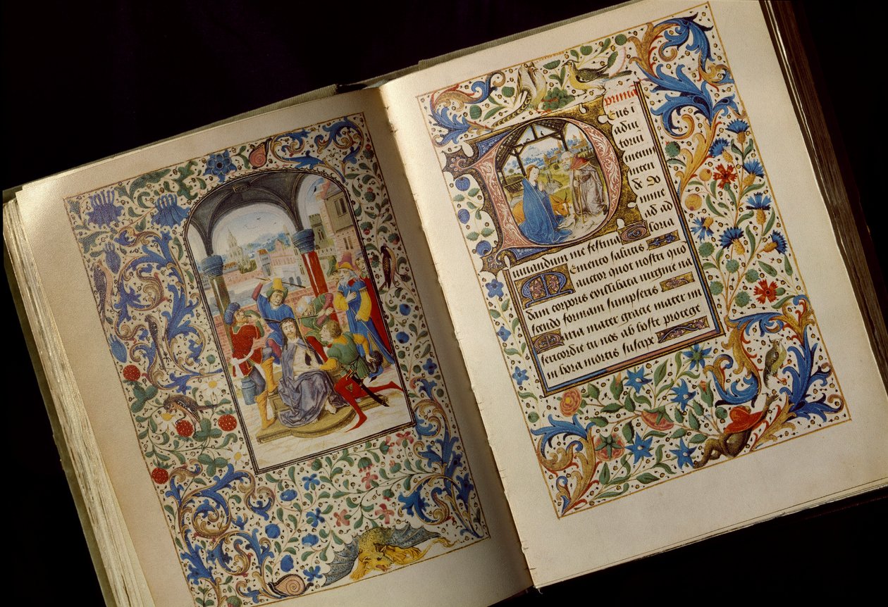 The Coronation of Spines Dobbeltside av et åpent manuskript av "" Time Book av Mary of Burgundy (1457-1482)" (Cod. 1857) Osterreichische Nationalbibliothek Wien på slutten av 1400-tallet av Unknown artist
