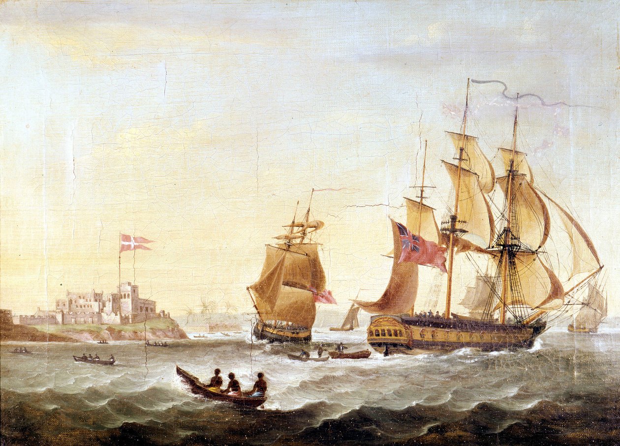 Den danske basen Cristianborg ble bygget i 1659 langs kysten av Guinee, sentrum av trafikknegeren. av Unknown artist