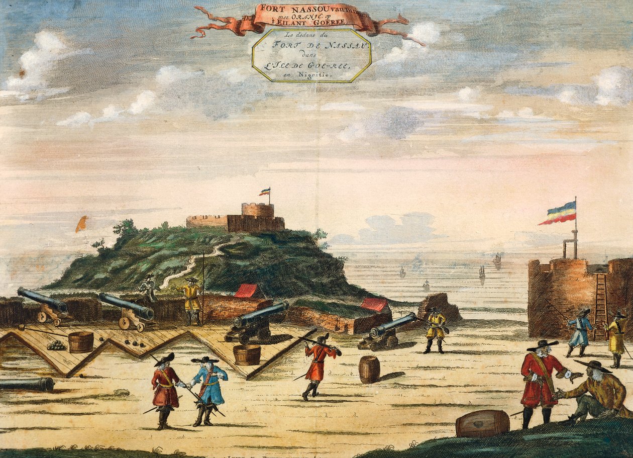 Det nederlandske fortet av Nassau på øya Goree, Senegal, gravering. Afrika av Unknown artist