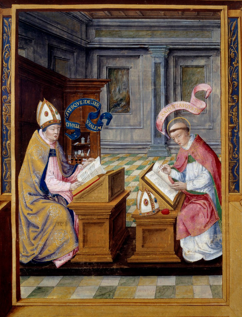 The Eveque of Jerusalem Saint Cyril (315-386) og Saint Augustine (354-430) Miniatyr på pergament fra 1500-tallet. Ecouen, Nasjonalt renessansemuseum av Unknown artist