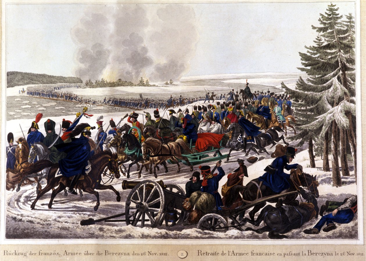De franske troppene trakk seg tilbake ved å passere Beresina (Berezina) 26.11.1812. Gravering av 1800-tallet. av Unknown artist