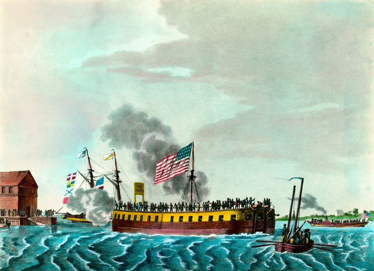 Fulton Steam Fregate "Manøvrering i havnen i New York i USA"" Gravering rundt 1807 privat samling av Unknown artist