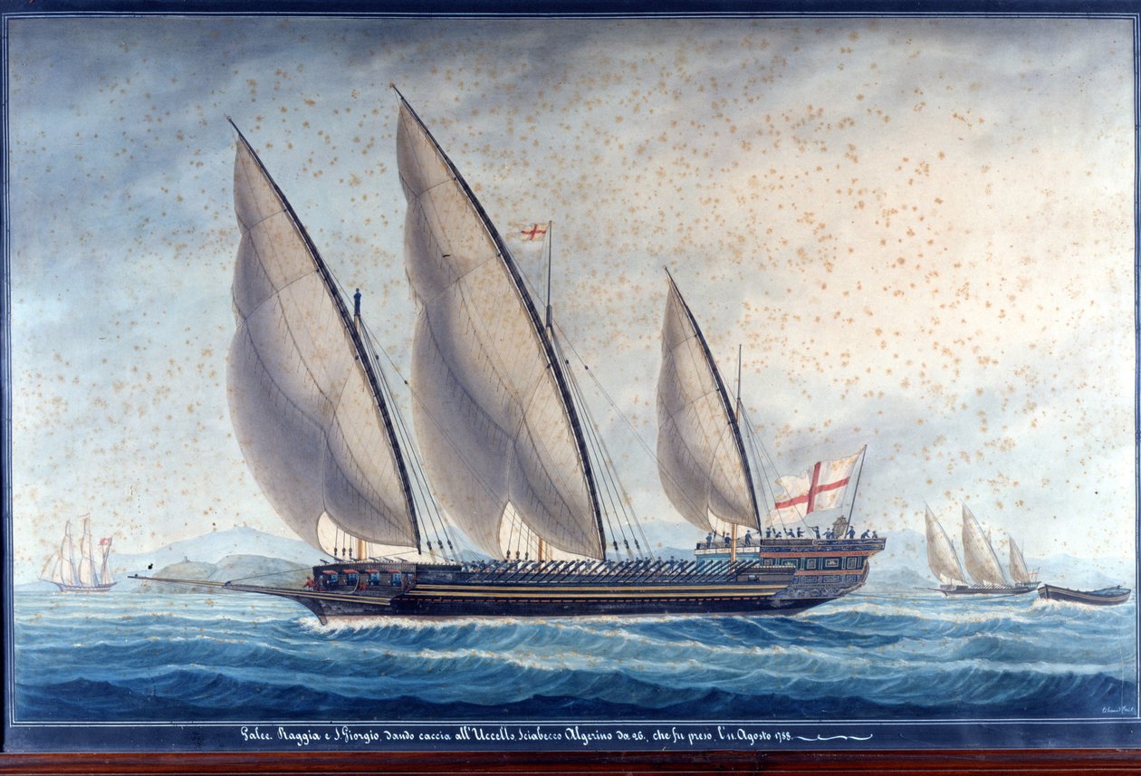 Genova-byssene Raggia og San Giorgio forfølger den algeriske chebecen Uccello. 11. august 1788. Maling av Unknown artist