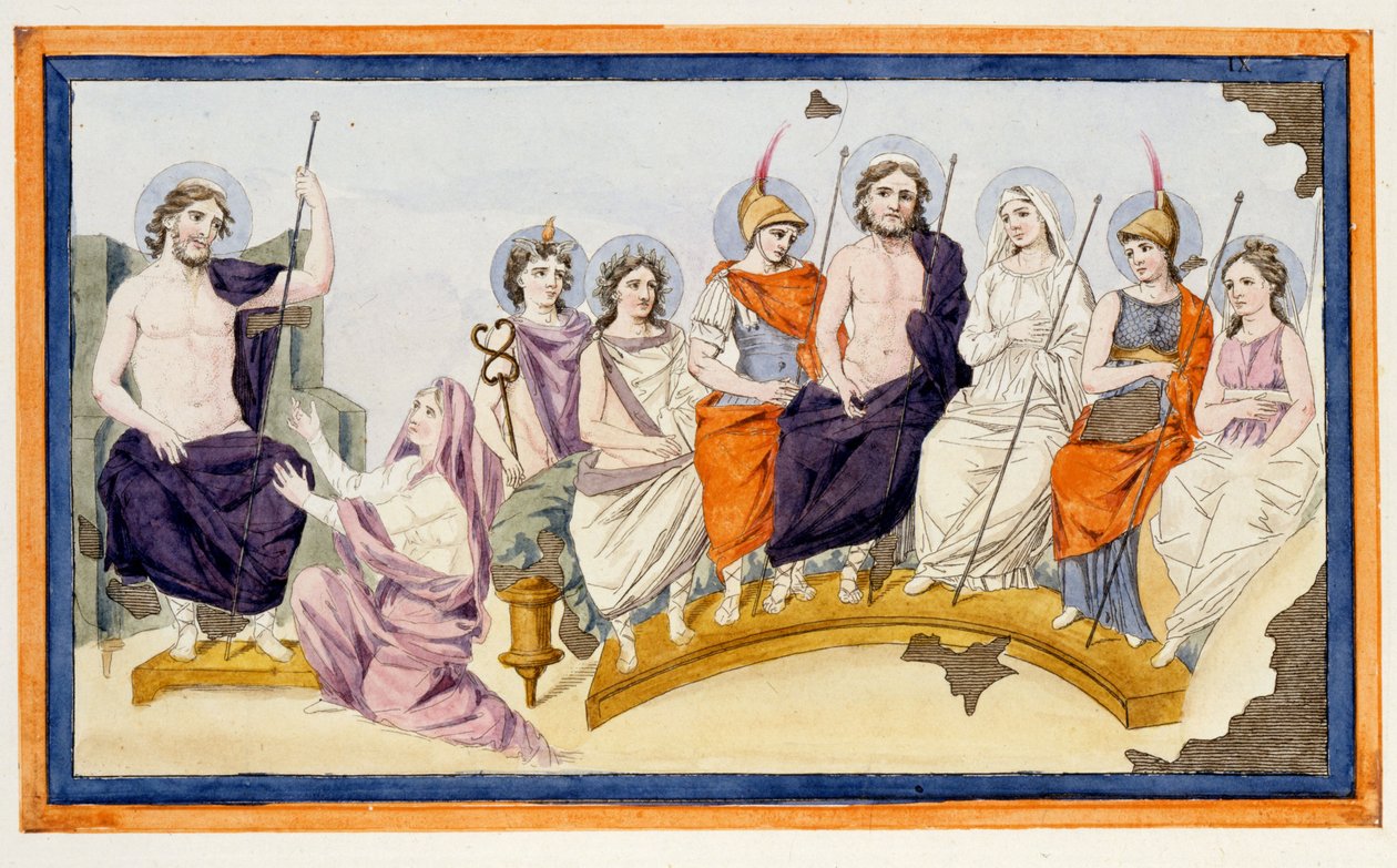 The Gods of Olympus og til venstre Thetis, Akilles mor, står på kne mot Zevs (Jupiter) for å trygle ham om å hjelpe sønnen mot Agamemnon og støtte trojanerne. L