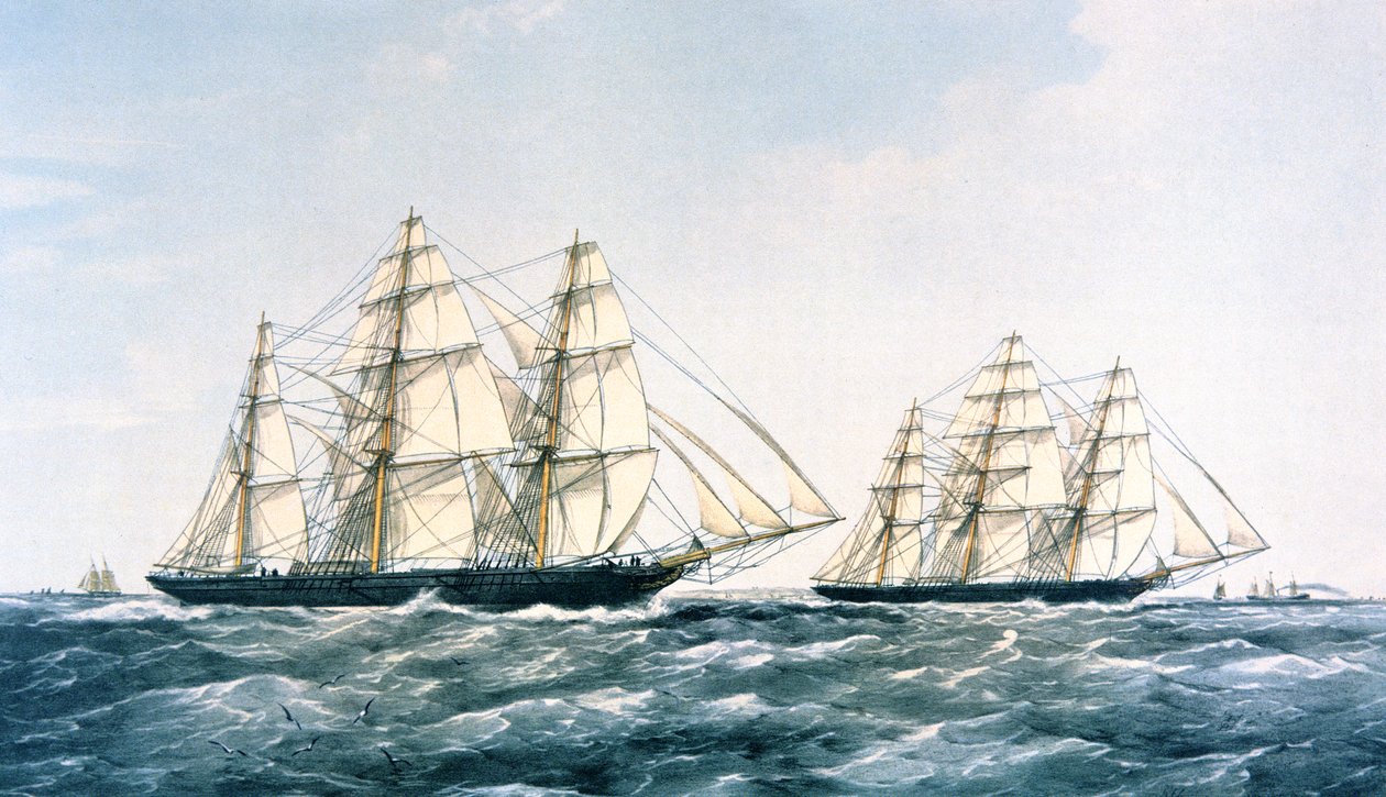 The Great Clipper Ship Race i 1866 mellom 'Ariel' og 'Taeping' som brakte den nye teavlingen fra Kina til London (farge litho) av Unknown artist