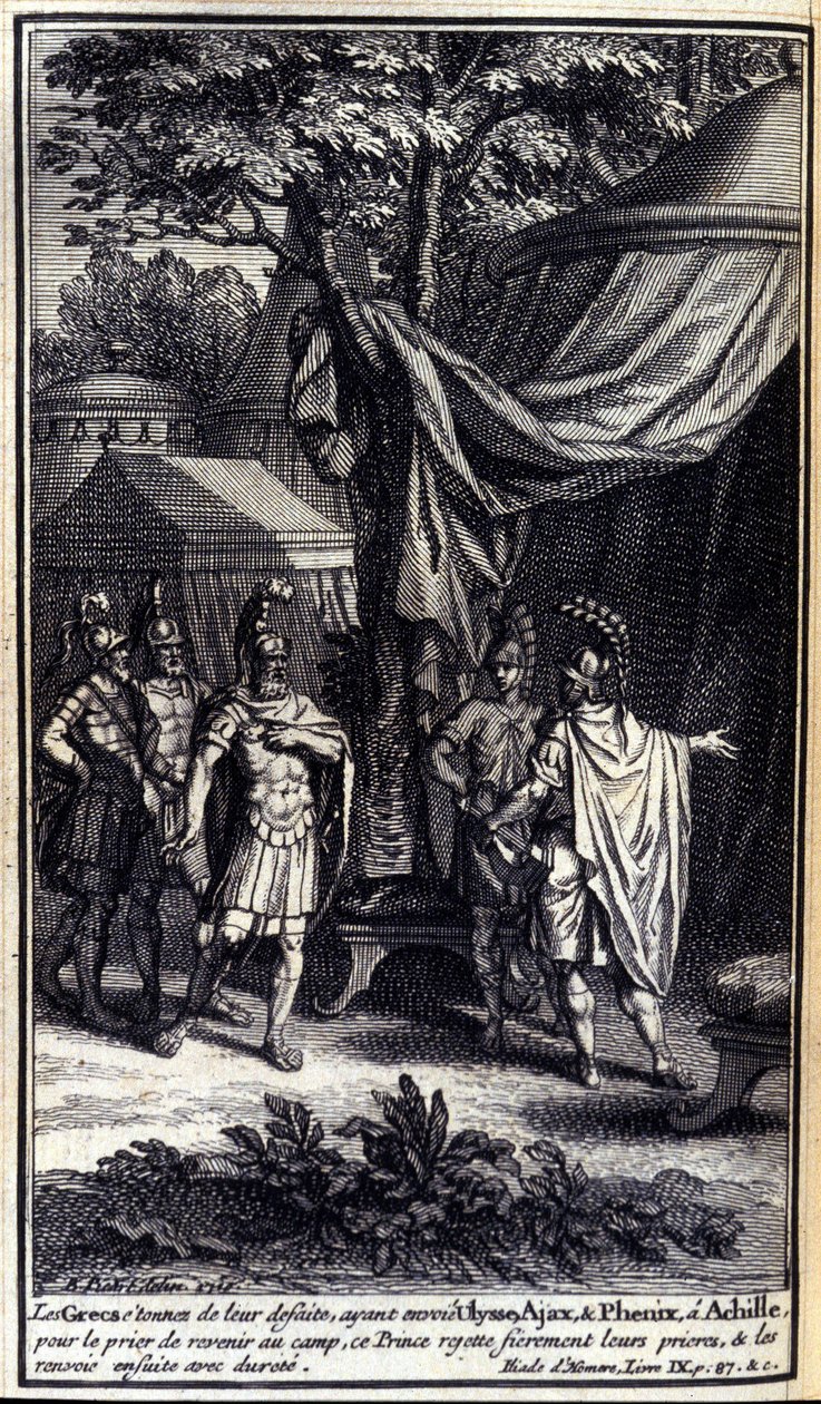 Grekerne, forbauset over deres nederlag, sendte Ulysses, Ajax og Phenix til Akilles for å be ham om å vende tilbake til leiren. Denne prinsen avviser stolt bønnene deres og sender dem deretter hardt tilbake. Illustrasjon av bok IX av Iliaden av Homere, fra av Unknown artist
