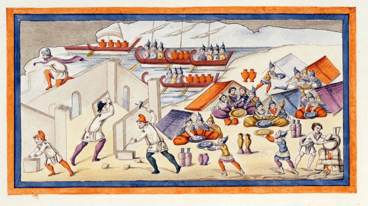 Grekerne begynte å grave et bolverk for å beskytte sine brakker og skip. Iliaden. Sang VII. Gravering fra slutten av 1700-tallet. av Unknown artist