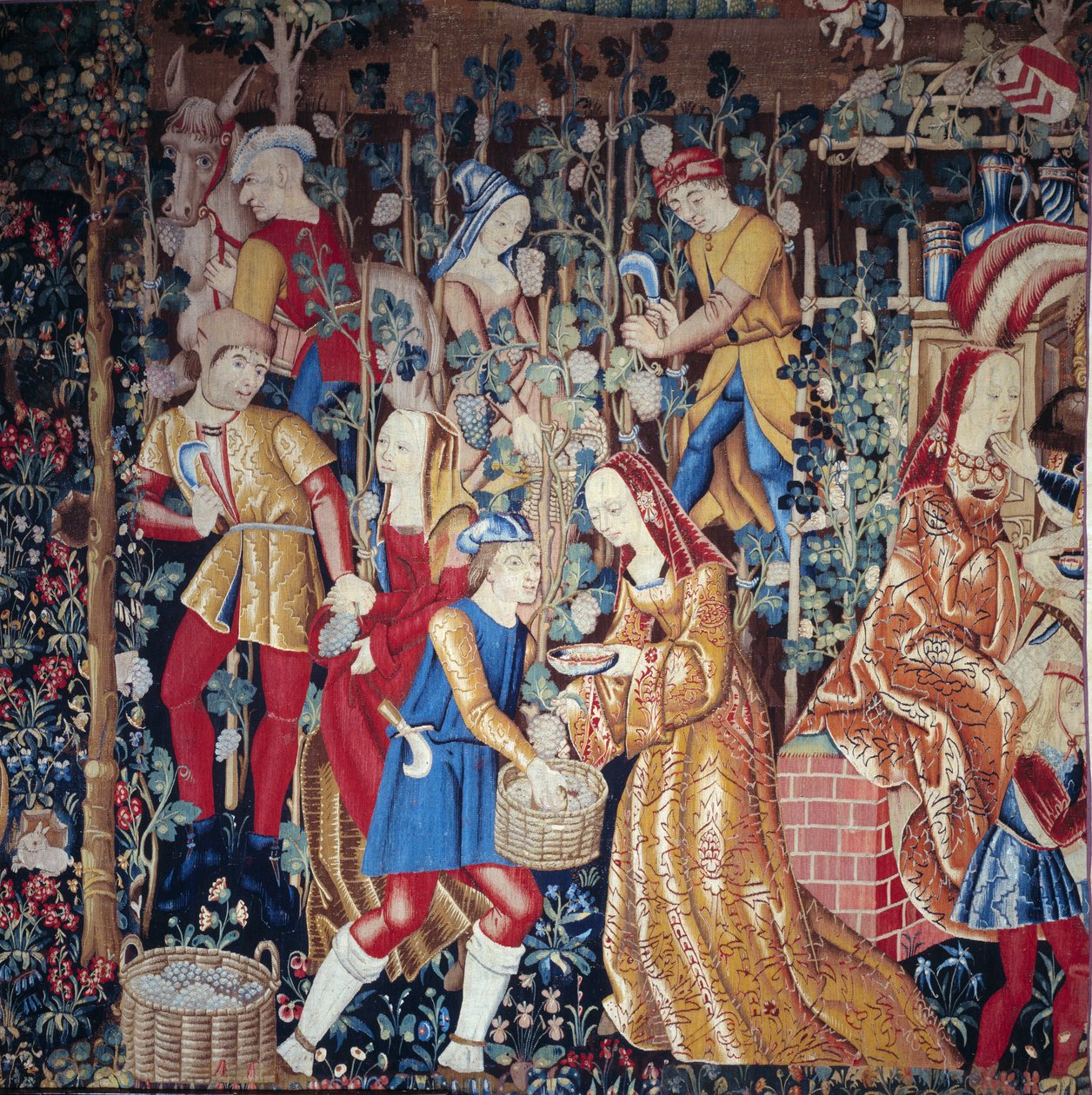 The Harvest Peasants presser druer. Detalj. Ull og silke tapet. Begynnelsen av 1500-tallet. Paris, Nasjonalmuseet for middelalderen, Thermes de Cluny av Unknown artist