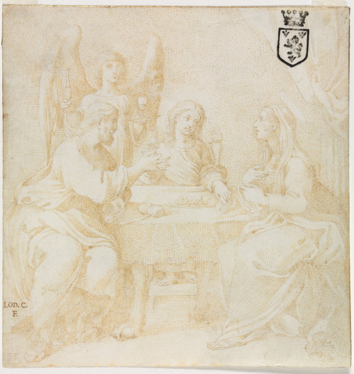 Den hellige familie ved bordet servert av en engel av Unknown artist