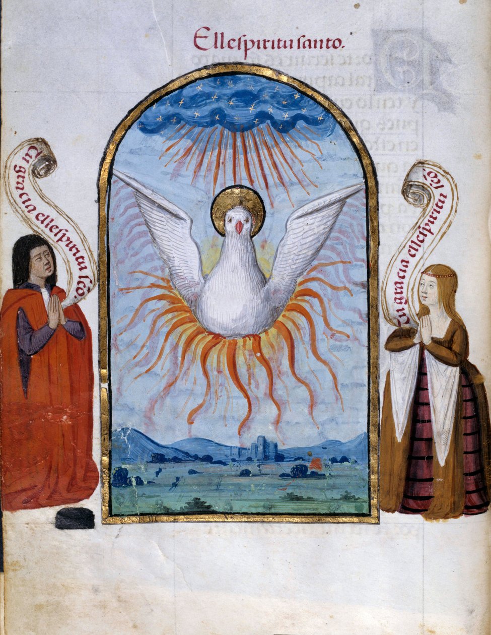 Den hellige ånds manuskriptside hentet fra "" Collection of Devotion of Queen Joan the Folle (1479-1555) of Spain"" av Pedro Marcuello ("" Andakt av dronning Da Juana Whom They Called the Madwoman") Søn fra 1400-tallet. ... 0,21x0,14 m Chantilly, Museumsko av Unknown artist