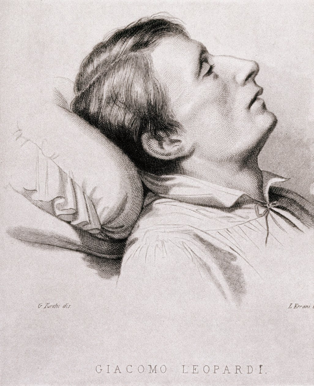 Den italienske poeten Giacomo Leopardi (1798-1837) på dødsleiet. Gravering av 1800-tallet av Unknown artist