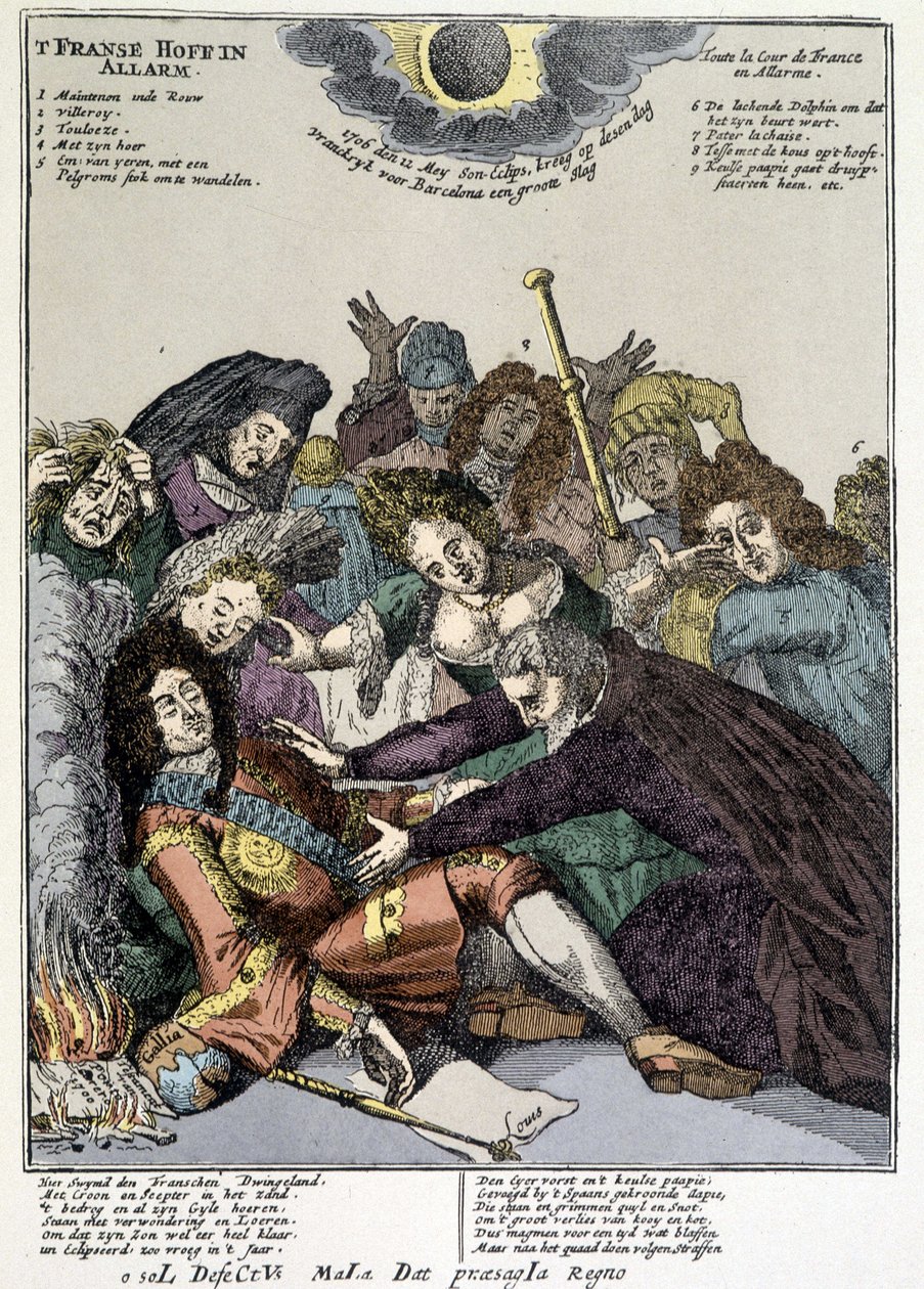 Kongen besvimte og hoffmennene omringer ham, sørget: hån mot Ludvig XIVs jakkeslag i Nederland og Italia i 1706 av Unknown artist