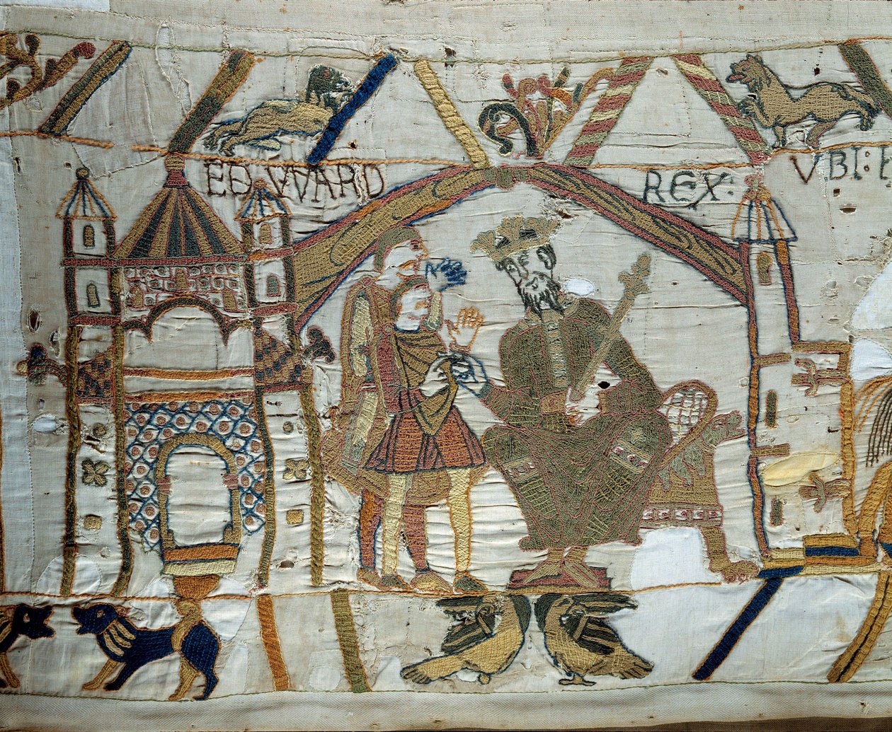 Kongen av England Edward the Confessor instruerer Harold å gå og bekrefte for hertugen av Normandie Vilhelm Erobreren (1027-1087) at han vil være hans etterfølger til Englands trone. Detalj av billedvev av Bayeux eller broderi av dronning Mathilde av Unknown artist