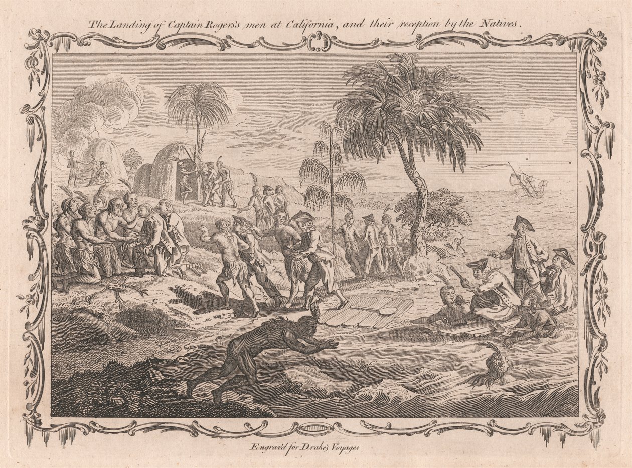 Landingen av kaptein Rogers menn i California, og mottakelsen deres av de innfødte av Unknown artist