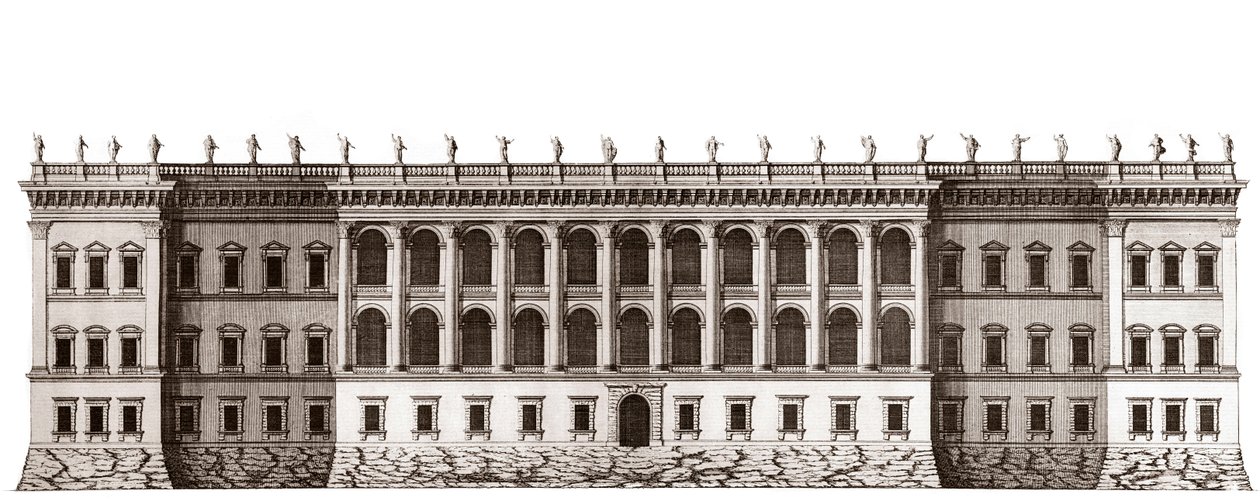 Louvre i Paris, prosjekt til Gian Lorenzo Bernini: forhøyning av hovedfasaden mot Tuileries - Fra "" Architecture francoise"" av Jacques-Francois Blondel - Forhøyning av hovedfasaden cote jardin de Tuileries - prosjekt av Bernin - grave av Unknown artist