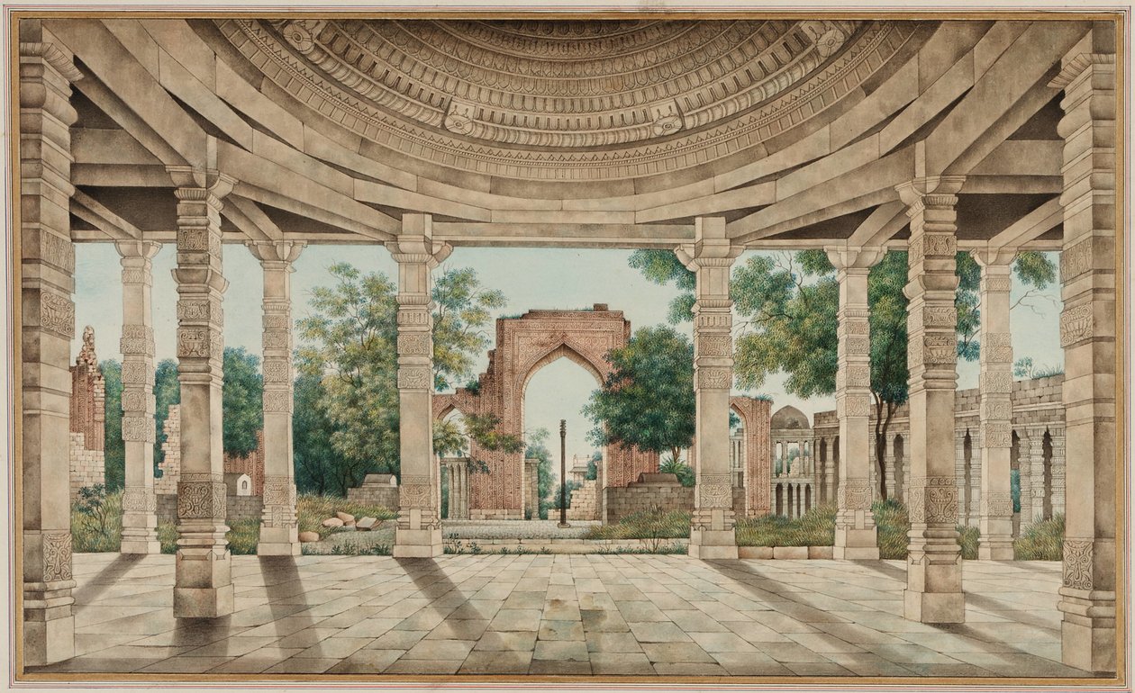 Moskeen i Delhi og jernsøylen av Unknown artist