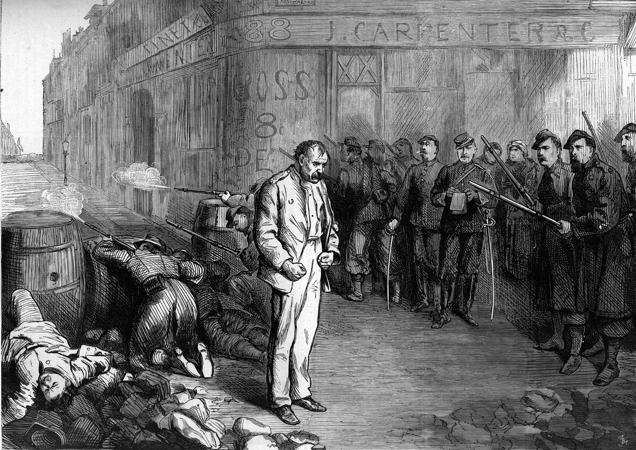 Pariskommunen i 1871. En federe (communard) tatt til fange på hjørnet av gatene Montmartre og Aboukir blir utsatt for brannen fra en barrikade som federene har reist. Kameratene hans hadde forlatt barrikaden, han var i stand til å flykte, men raskt fou av Unknown artist