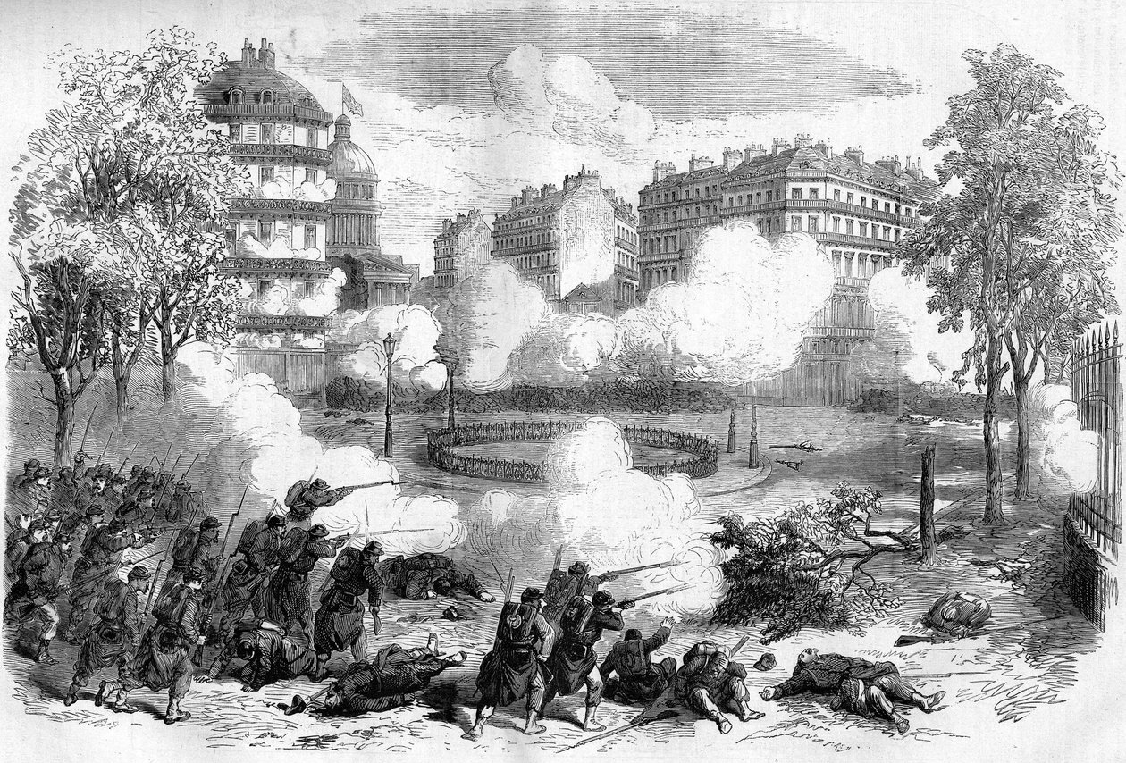 Pariserkommunen i 1871. Angrep på barrikadene til federes (communards) foran Pantheon av hærkorpset til general de Cissey den 24. mai 1871, i begynnelsen av den blodige uken (22. - 28. mai 1871). av Unknown artist