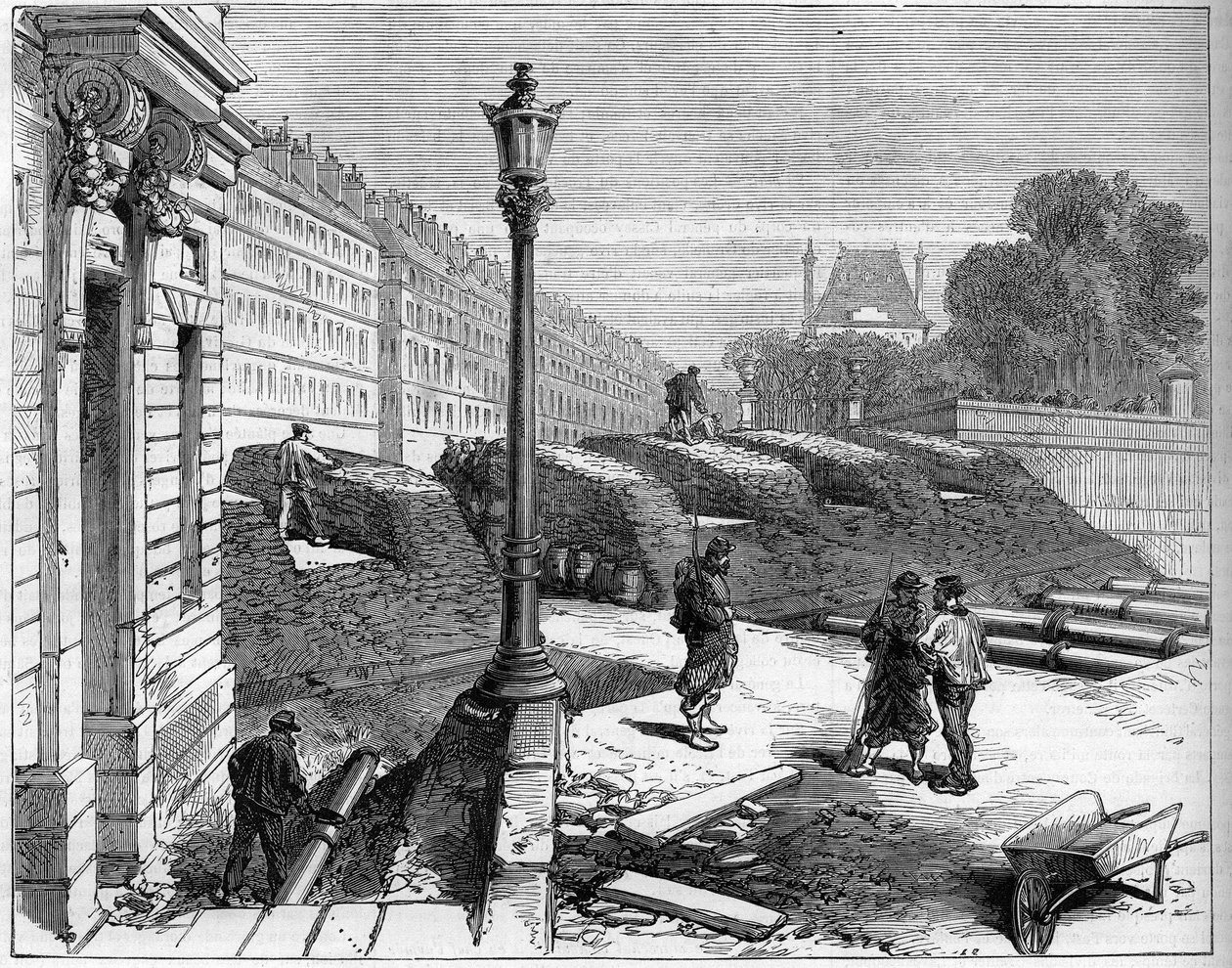 Pariserkommunen i 1871. Barricade des federes (communards) på hjørnet av Rue de Rivoli og Place de la Concorde. av Unknown artist
