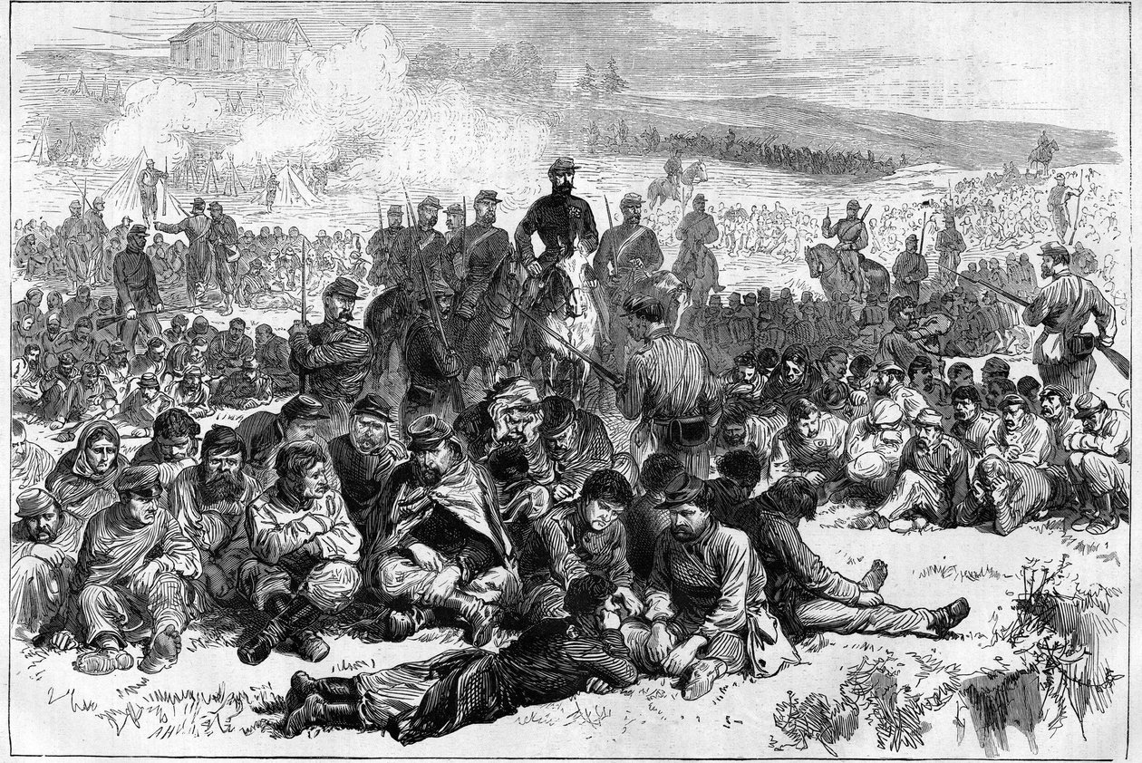 Paris-kommunen i 1871. Communards of Belleville tatt til fange og vakt av en avdeling av fredsbevarende styrker i Parc des Buttes Chaumont. av Unknown artist