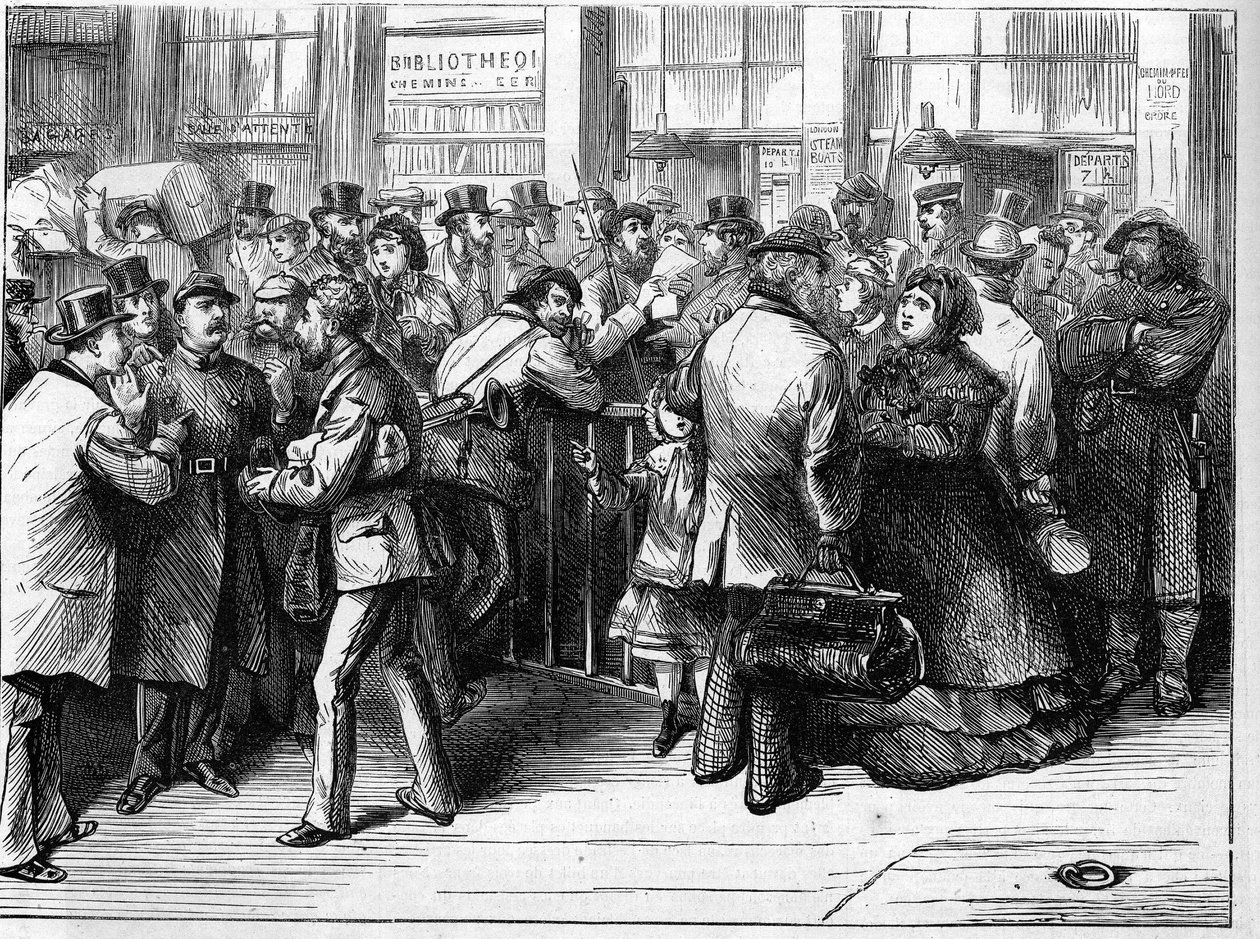 Pariskommunen i 1871. Passkontroll av federes (communards) av personer som forlater Paris med jernbanene i nord. av Unknown artist