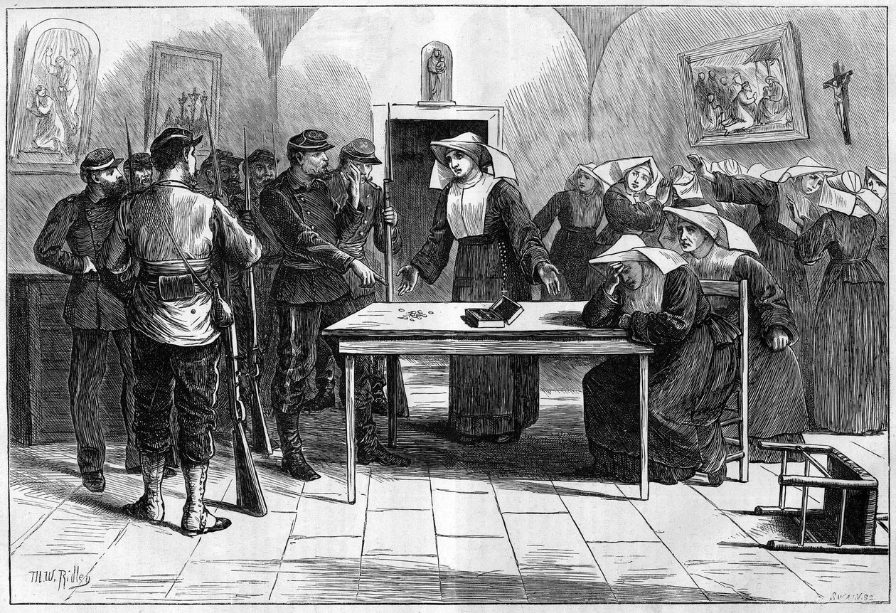 Paris-kommunen i 1871. Søk av federes (communards) av et hus okkupert av nonner (Little Sisters of the Poor), som ligger på Rue de Sevres. De føderale, etter å ha oppdaget pengene fra nonnersamfunnet, legger pengene tilbake i esken og returnerer av Unknown artist