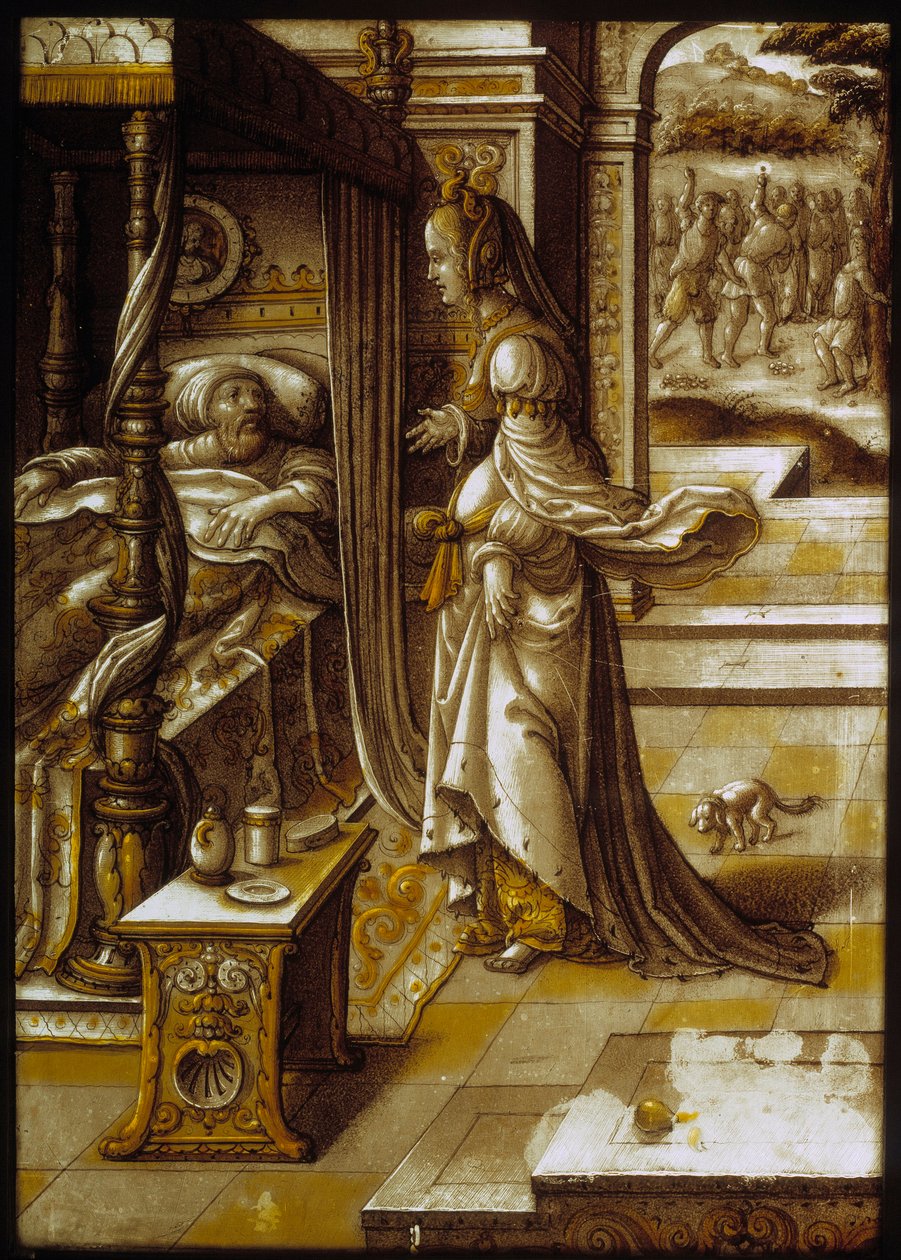 Den fønikiske prinsessen Jezebel lover til sin gifte Akab (Ahab), som er opprørt over ikke å skaffe Nabots vingård, å få den til henne. Glassmaleri fra 1500-tallet. Paris, Louvre-museet av Unknown artist