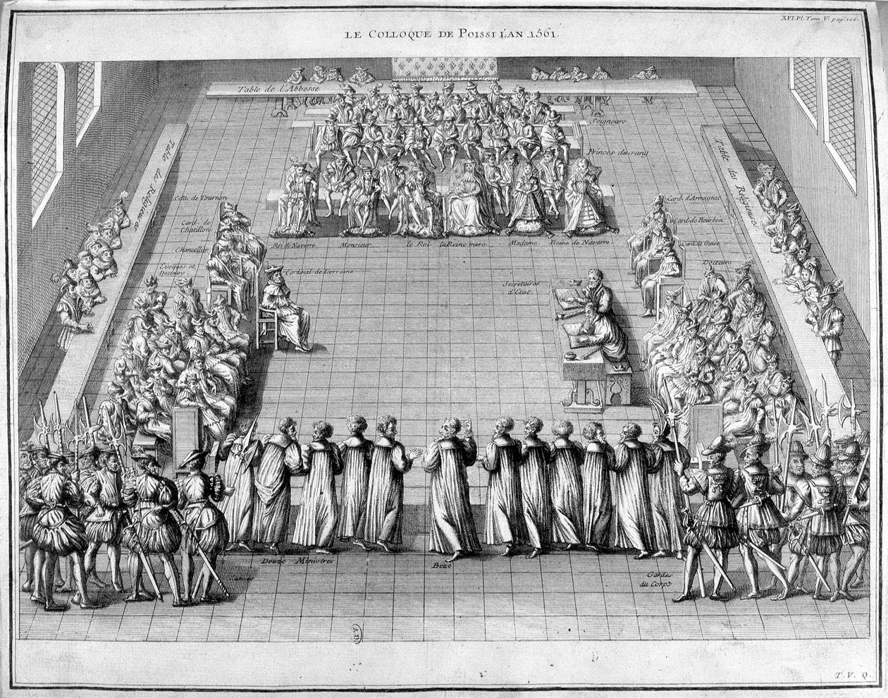 Poissi-kollokviet (Poissy) i 1561. I sentrum kong Charles IX (1550-1574) og dronningmor Catherine de Medici (1519-1589). av Unknown artist