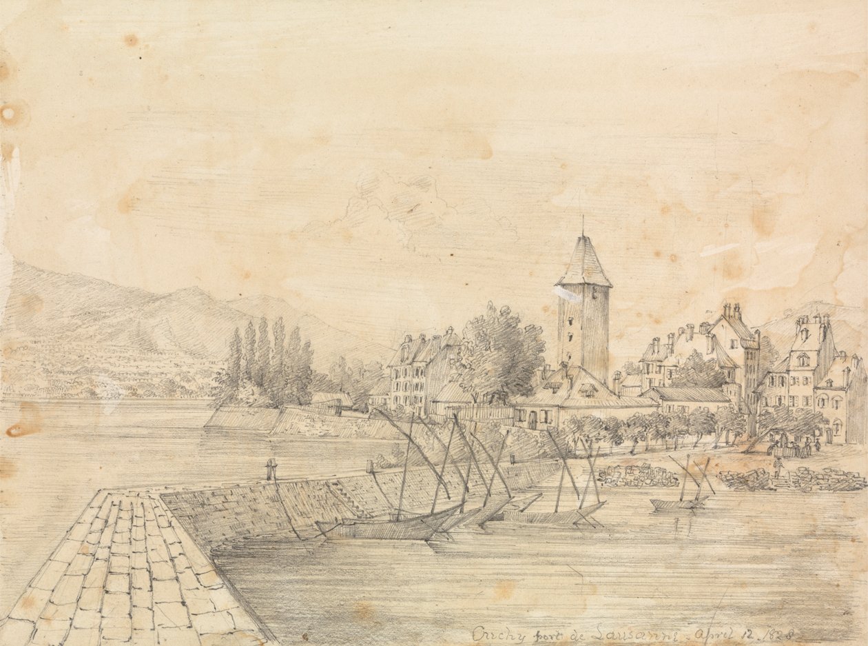 Havnen i Ouchy; grafittstudie av to kvinner med caps av Unknown artist