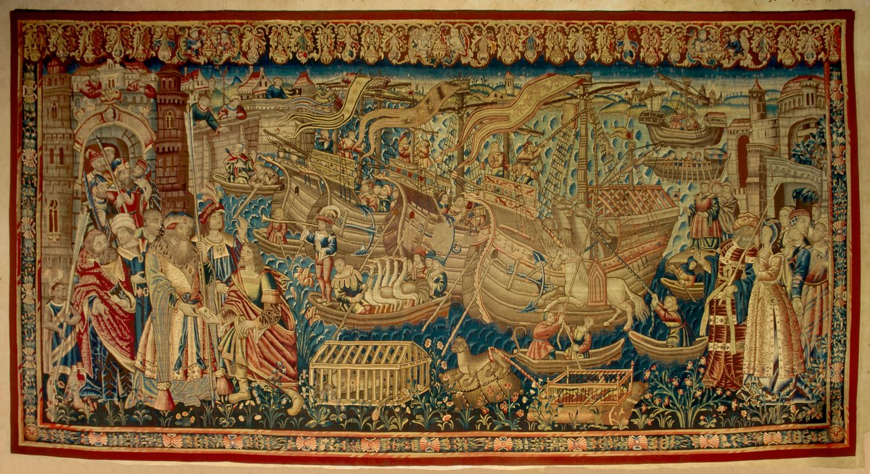 Den portugisiske navigatøren Vasco de Gama (1459-1524) ankom Calicut (Kozhikode) i India i 1498. Tapet. Lisboa av Unknown artist