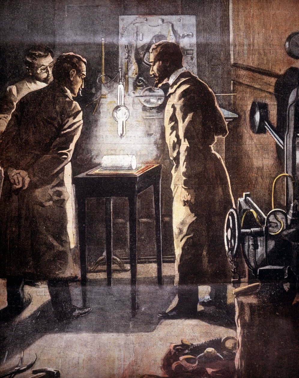 Røntgen (Rontgen) eller røntgenstråler. Oppdaget i 1895. Illustrasjon som representerer eksperimentet. av Unknown artist