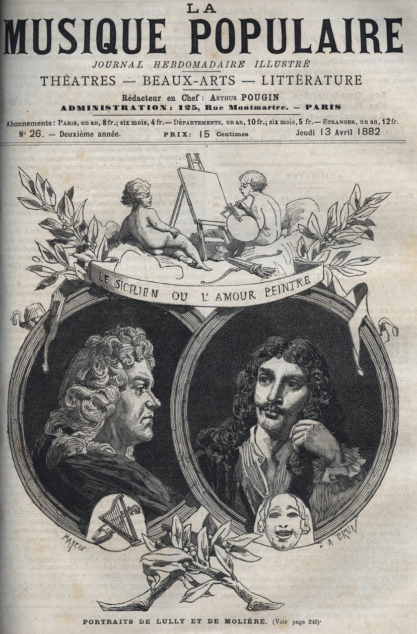 Den sicilianske eller kjærlighetsmaleren - Portrett av Jean Baptiste Lully (Giovanni Battista Lulli) (1632-1687) og Moliere - gravering i "" Populærmusikk""" illustrert ukeavis - 1882 av Unknown artist