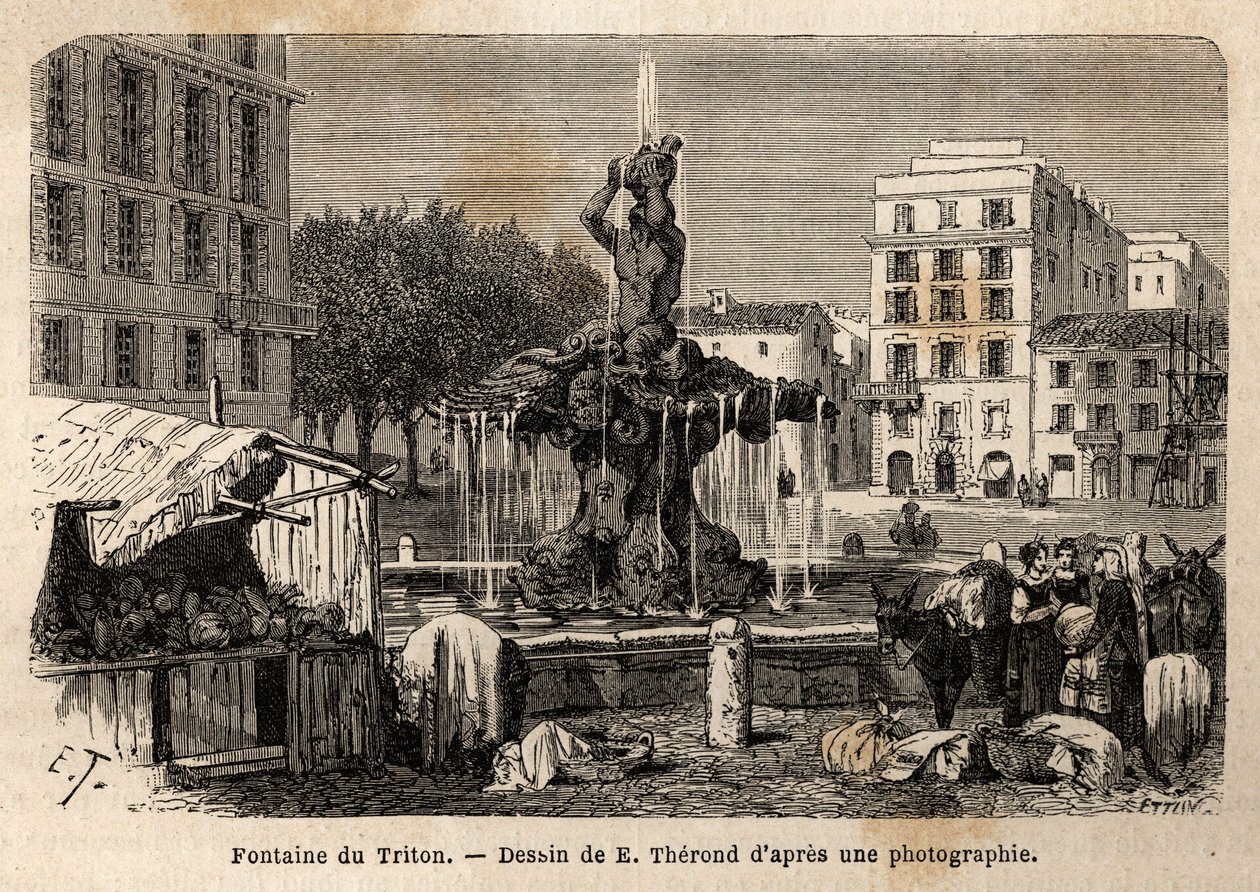 Tritonfontenen, i Roma, opprettet i 1643 av Gian Lorenzo (Gianlorenzo) Bernini kjent som Le Bernini (1598-1680), på Barberini-plassen. Gravering for å illustrere reisen til Roma, av Francis Wey, i 1864-1868, publisert i "Le tour du monde, nouveau av Unknown artist